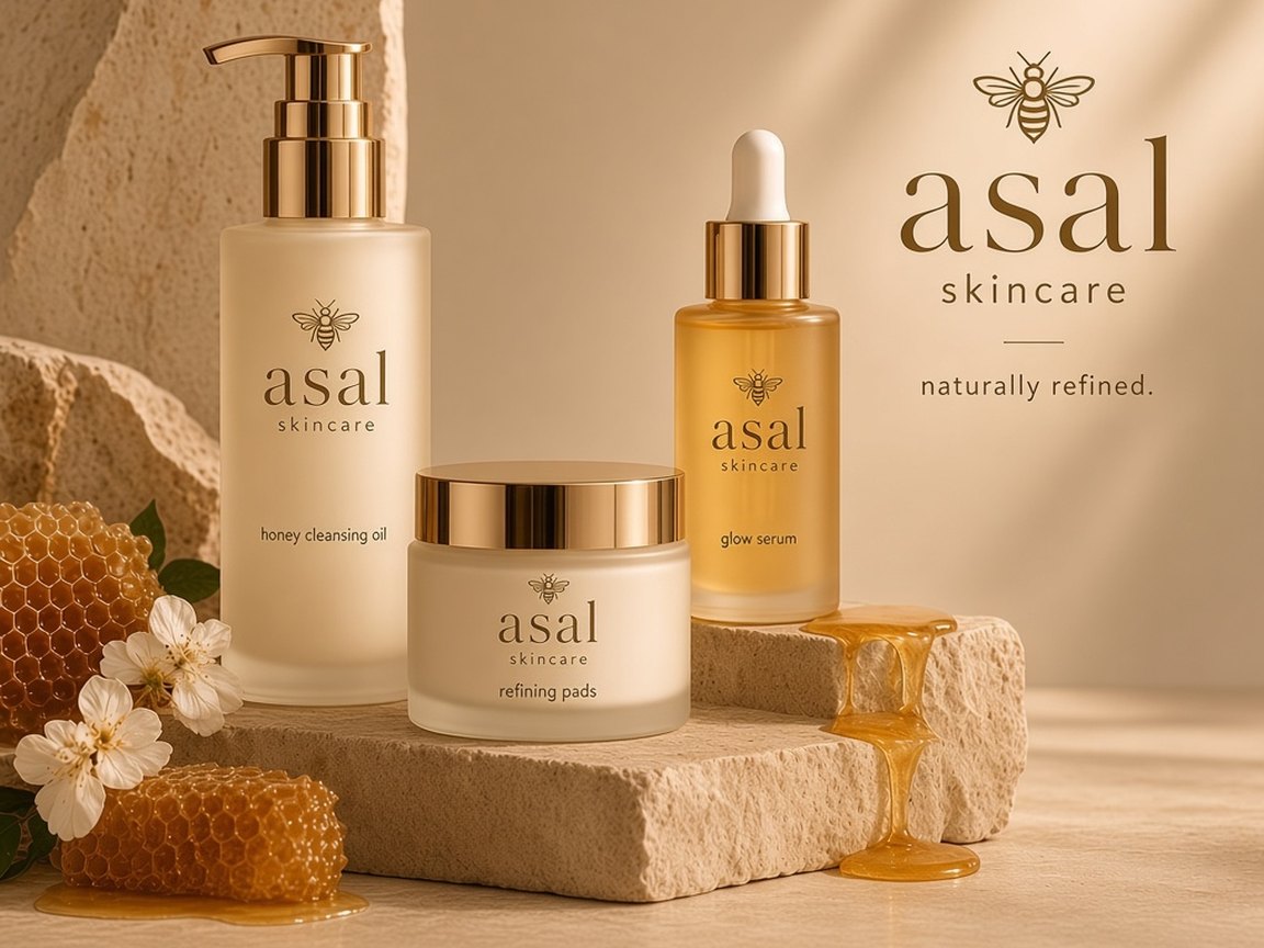 asal honey cleansing oil, refining pads and glow serum on travertine stone with honeycomb and white blossoms